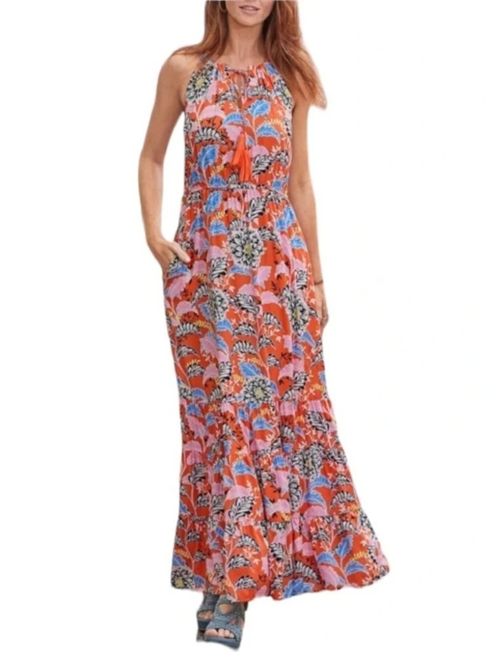 Sundance Polynesian Beauty Floral Maxi Dress Large Tiered Sleeveless Boho Tassel